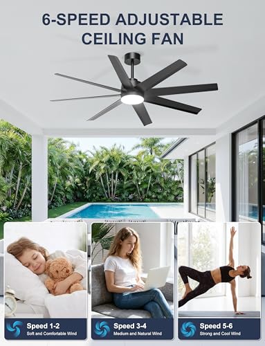 Ohniyou 60" Black Ceiling Fan with Light for Patio, Porch, Living Room
