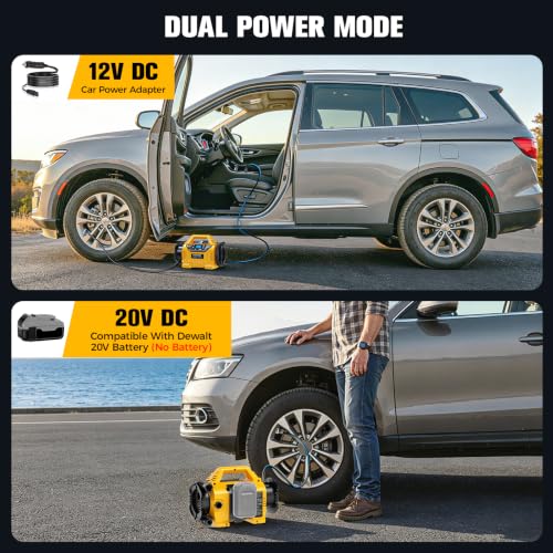 3X Faster Cordless Tire Inflator Air Compressor Pump Compatible With Dewalt 20V Battery, LIVOWALNY 160PSI 12V DC/20V DC with Pressure Gauge & Deflator for Car, Pickup, Air Mattresses (Tool Only)