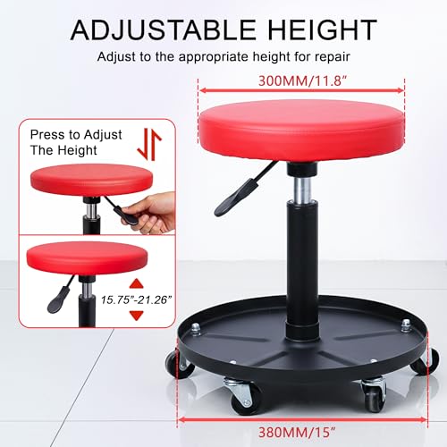 QCUNMAG Mechanic Stool, 300 LBS Rolling Pneumatic Creeper Garage/Shop Seat, Adjustable Height Padded Rolling Workshop Stool with Tool Tray, for Garage, Shop, Auto Repair (Red)