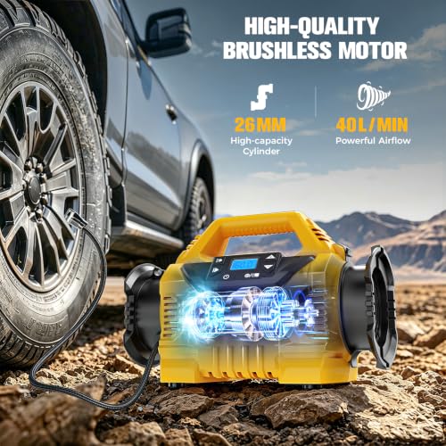 3X Faster Cordless Tire Inflator Air Compressor Pump Compatible With Dewalt 20V Battery, LIVOWALNY 160PSI 12V DC/20V DC with Pressure Gauge & Deflator for Car, Pickup, Air Mattresses (Tool Only)