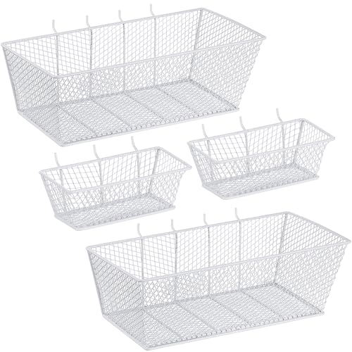 Sieral 4 Pcs Pegboard Baskets Metal Wire Shelf Baskets Peg Board Organizer Accessories Wall Mount Organizer Attachments for Garage Workbench Various Tool Accessories, 2 Sizes (White,Small, Large)