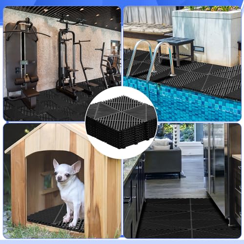 Barydat 72 Pcs 12'' x 12'' Garage Floor Tiles, Interlocking Drainage Flooring, Heavy Duty Non Slip Polypropylene, Easy Install for Garage Deck, Pool, Patio, Shower (Black)