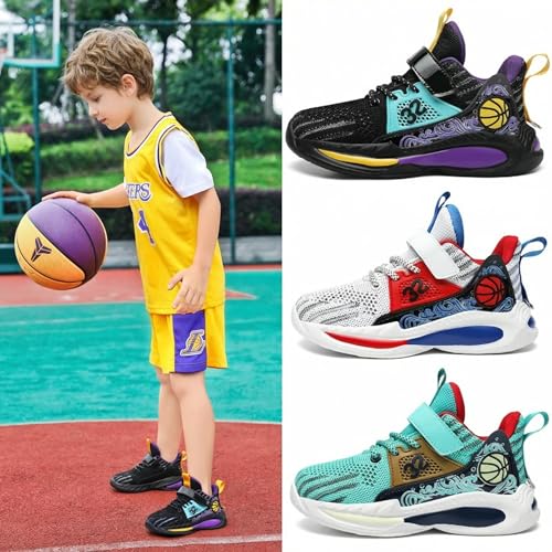 BTKSDAS Boys Shoes Non Slip Breathable Comfortable Safety Kids Shoes Workout Gym Tennis Running Basketball Sneakers for Boys Girls Black/Purple Size 1.5 Little Kid,(1 Pair)