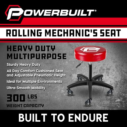 Powerbuilt Rolling Shop Stool with Adjustable Height, Mechanic Detailer Garage Seat with Padding - 240250, Red