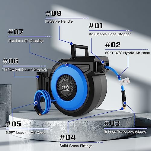 80FT + 6.5FT Retractable Air Hose Reel, Wall Mount Pneumatic Hose Reel for Garage Workshop, Automatic Rewind, 3/8" x 80' Hybrid Air Hose with Brass Fittings + Bend Restrictors, 300PSI