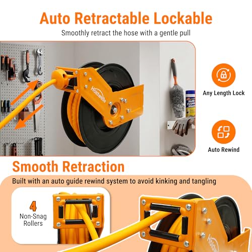 Holdwell S Retractable Air Hose Reel, 3/8" x 50FT Hybrid Air Hose, 300PSI Max, Auto-Rewind & Length-Lock, 1/4" NPT Fitting, Ceiling/Wall Mount Heavy Duty Single Arm Steel Reel for Workshop/Garage
