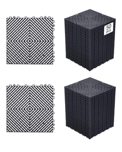 VEVOR Interlocking Drainage Mat, 12” x 12” Modular Interlocking Cushion, 50 Pcs Splicing Drainage Mats, Non-Slip PP Drainage Floor Tile and Shower Mat, for Garage, Garden, Kitchen & Outdoor, Black