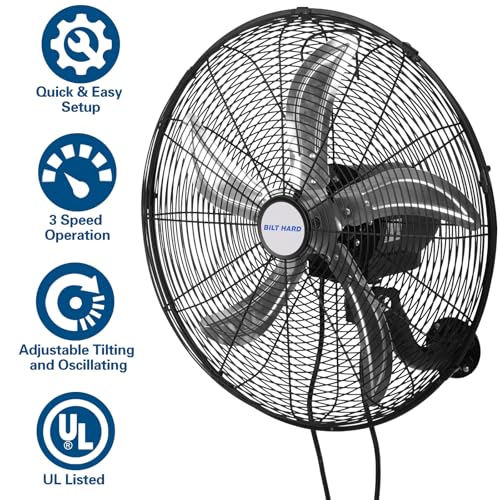 BILT HARD 20" Oscillating Wall Mount Fan, 3-Speed 5900 CFM High Velocity Wall Mounted Fan with Wired Remote, Heavy Duty Industrial Wall Fan for Commercial, Garage and Warehouse