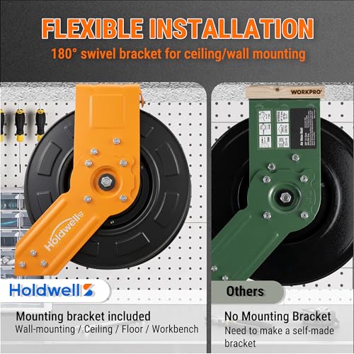 Holdwell S Retractable Air Hose Reel, 3/8" x 50FT Hybrid Air Hose, 300PSI Max, Auto-Rewind & Length-Lock, 1/4" NPT Fitting, Ceiling/Wall Mount Heavy Duty Single Arm Steel Reel for Workshop/Garage