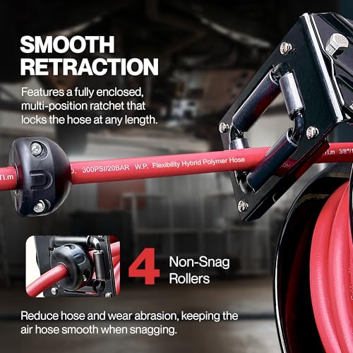 ReelWorks Retractable Air Hose Reel, 3/8" x 50 ft, 300 PSI, Hybrid