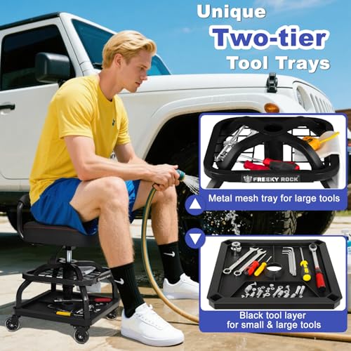 FREEKYROCK Rolling Shop Stool with Wheels, Garage Mechanic Shop Chair with Handle Backrest, Adjustable Height Work Stool, Roller Seat with Tool Tray Storage, Heavy Duty, 330 LBS Capacity, Black
