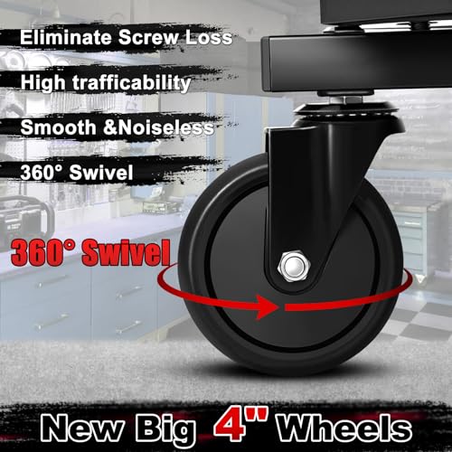 FREEKYROCK Rolling Stool with Wheels, Adjustable Height Pneumatic Garage Work Mechanic Stool Seat with Backrest, 400 LBS Capacity 360° Swivel Mechanic Crepper Chair with Tool Tray Storage, Black