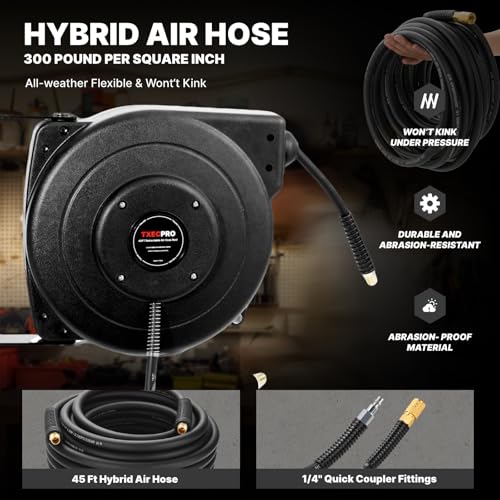 Txecpro Retractable Air Hose Reel, 1/4 IN x 45 FT Hybrid Air Hose Max 300 PSI, Air compressor hose reel with 5 ft Lead in, Ceiling/Wall Mounted air hose reel,Heavy Duty air tool