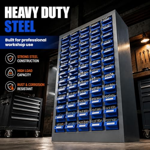 Heavy Duty Parts Cabinet, Alloy Steel Nut and Bolt Organizer with 100 Drawers & Dividers, Small Hardware Storage Cabinet 25.8x8.66x46 Inch for Workshop Garage Tool, Screw Fastener Organization, Blue