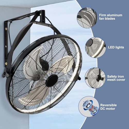 AHAWILL 20 Inch Wall Mount Fan with Lights,6-Speed High Velocity Wall Fan Dimmable Gazebo Fan,360°Adjustable Tilt Industrial Outdoor Fans for Patio,Garage,Workshop,Commercial,Black