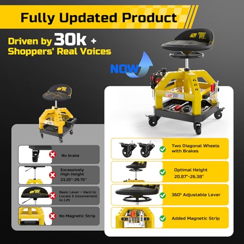 FreekyFit Rolling Shop Stool for Garage with Casters, DO02-Adjustable Height 360° Swivel Shop Seat with Tool Tray Storage, 330 LBS Capacity Padded Mechanic Stool, Magnetic Tool Hold, Heavy Duty,Yellow