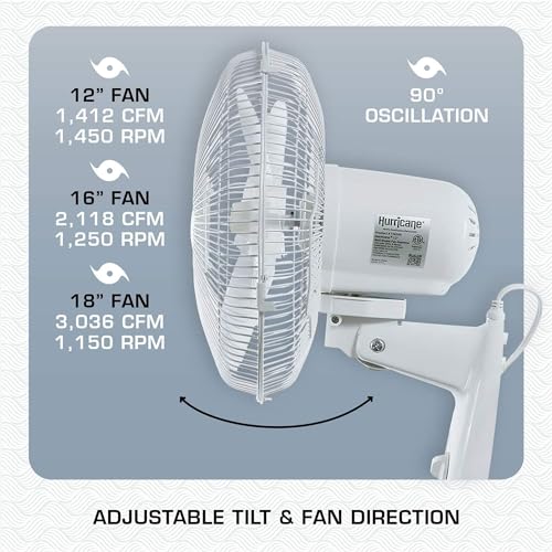 Hurricane Supreme Oscillating Wall Fan, 3 Speeds, White - 16in