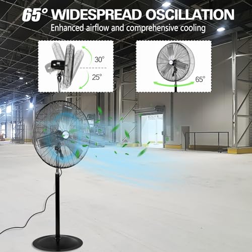 hykolity 24" High Velocity Pedestal Oscillating Fan, 6450 CFM 3-Speed Heavy Duty Industrial Metal Standing Fan with Aluminum Blades and Adjustable Height for Warehouse and Garage