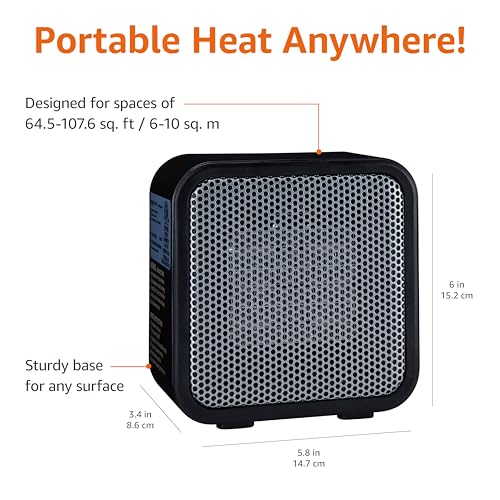 Amazon Basics Ceramic Portable Mini Space Heater for Office Desk, Indoor Use, Fast Heating, Energy Efficient, 500W, With Tip-Over Protection, Lightweight 1.4 lbs, Black, 5.87"D x 3.15"W x 5.95"H
