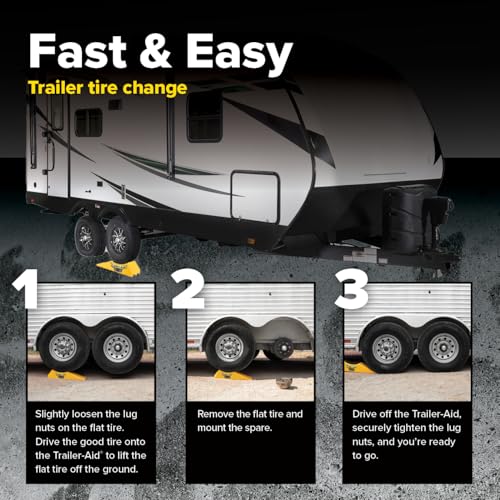 Camco Trailer Aid Plus - 5 1/2" Lift Tandem Tire Trailer Ramp - Quickly Change RV & Trailer Tires Without Unloading Cargo - Trailer & RV Accessories for Easier Hauling - Yellow (21002)