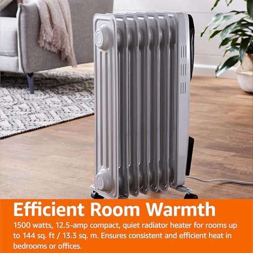 Amazon Basics Portable Oil Radiator Heater, Indoor Use, 3 Heat Settings, Over-Heat Protection, ETL-certified Safety, 7 Oil-Filled Steel Fins, 1500W, Tip-Over Protection, 11"D x 14.8"W x 25.2"H, White