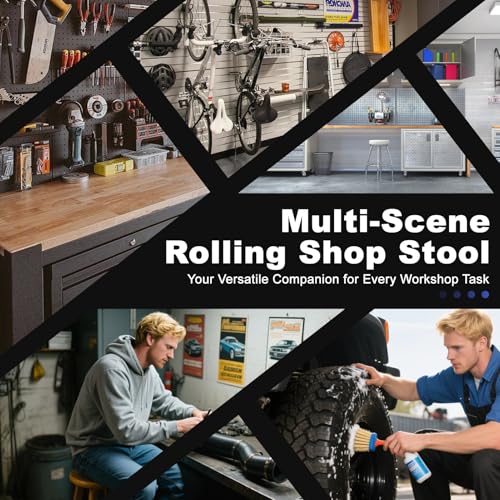 FREEKYROCK Rolling Shop Stool with Wheels, Garage Mechanic Shop Chair with Handle Backrest, Adjustable Height Work Stool, Roller Seat with Tool Tray Storage, Heavy Duty, 330 LBS Capacity, Black