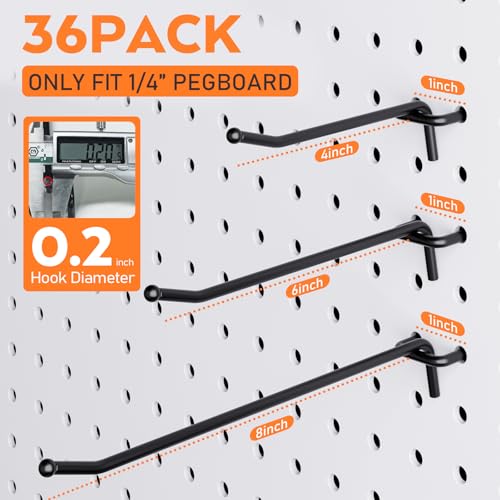 INCLY 36 Pack 4/6/8 Inch Heavy Duty Pegboard Hooks for Hanging Tools