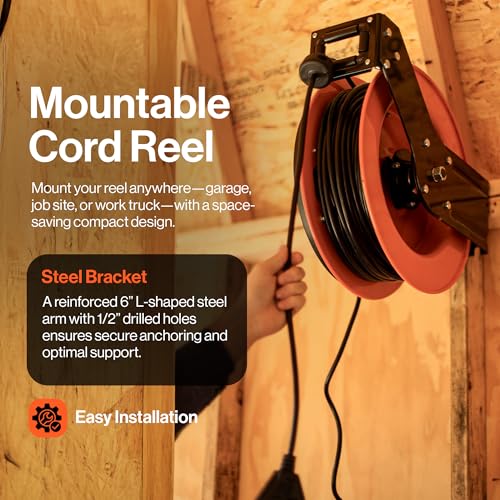 SuperHandy 12AWG x 80 ft Retractable Steel Extension Cord Reel