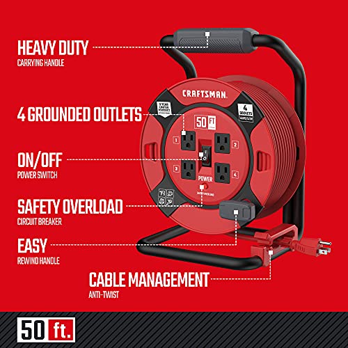 CRAFTSMAN Retractable Extension Cord Reel 50 Ft. with 4 Outlets & Heavy Duty 14AWG SJTW Cable