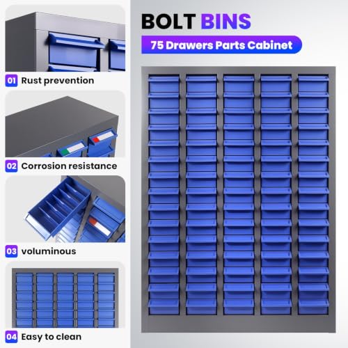 Nut and Bolt Storage Cabinet with ABS Drawer,Steel Small Parts Storage Organizer,35.4" Hx8.66 Dx25.8 W Screw Organization for Garage Hardware,Nails,Fastener,Bolts,and More (75 ABS Drawers) (75)