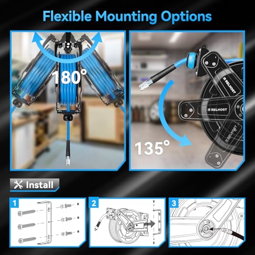 Relhost Retractable Air Hose Reel, 50 ft x 3/8 in Hybrid Air Hose Max 300PSI, Heavy Duty Air Compressor Hose Reel with Dual Arms, Auto Rewind, 180° Swivel Ceiling/Wall Mount for Garages, Workshops