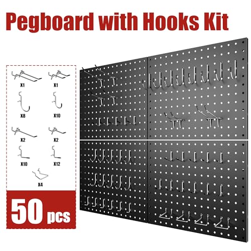 7S garage Heavy Duty Peg Board, 4 Pack Metal Pegboard Panels with 50 Hooks