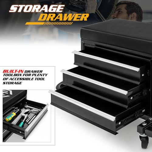 Magshion Garage Creeper Seat with 3-Drawer Storage, 350 lbs Capacity Rolling Mechanic Stool, Padded Shop Seat with Tool Tray, Adjustable Workshop Creeper Stool on Wheels for Auto Repair & Detailing