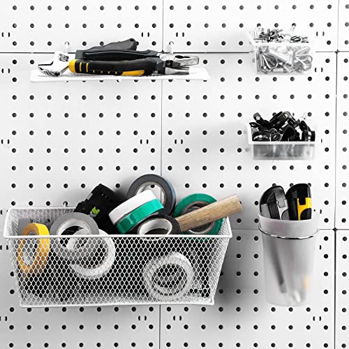 Sieral 30 Pcs Pegboard Organizer Accessories Kit Includes Peg Board Shelving Storage Basket Organizer Bins Hooks Loops Cup with Cup Holder for Garage Room Wall Attachments Tools(White, Clear, Silver)