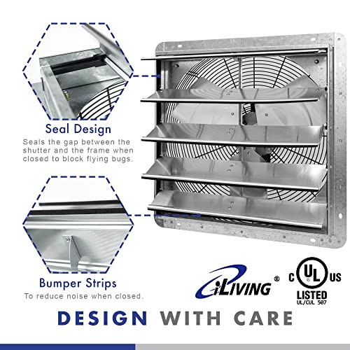 iLIVING 20" Wall Mounted Shutter Exhaust Fan, Automatic Shutter, with Thermostat and Variable Speed controller, 2.2A, 3368 CFM, 5000 SQF Coverage Area Silver (ILG8SF20V-ST)