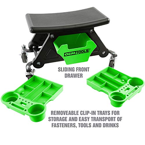 OEMTOOLS 24986 Heavy-Duty Rolling Workbench and Creeper Seat, Mechanics Stool with Wheels, Creepers, Shop Stools with Wheels, Automotive, Green and Black 300 LB Capacity