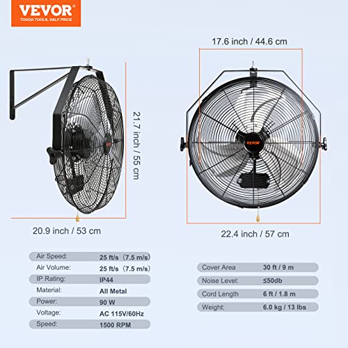 VEVOR Wall Mount Fan, 18 Inch 4150 CFM, 3-speed Wall Mounted Metal Fan