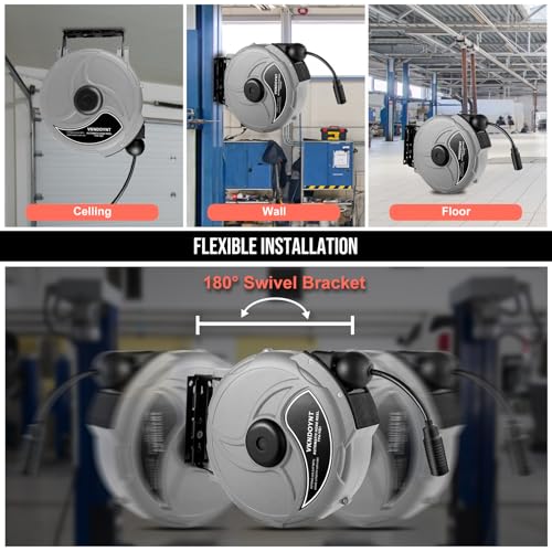 Retractable Air Hose Reel, 1/4 in x 50 FT Hybrid Polymer Hose, Air Compressor Hose Reel with 5 ft Lead in, Ceiling/Wall Mount Enclosed Air Reel, 180° Swivel Mount, Gray/Black