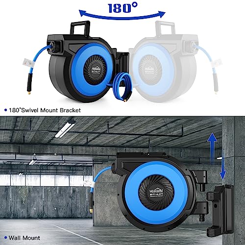 80FT + 6.5FT Retractable Air Hose Reel, Wall Mount Pneumatic Hose Reel for Garage Workshop, Automatic Rewind, 3/8" x 80' Hybrid Air Hose with Brass Fittings + Bend Restrictors, 300PSI