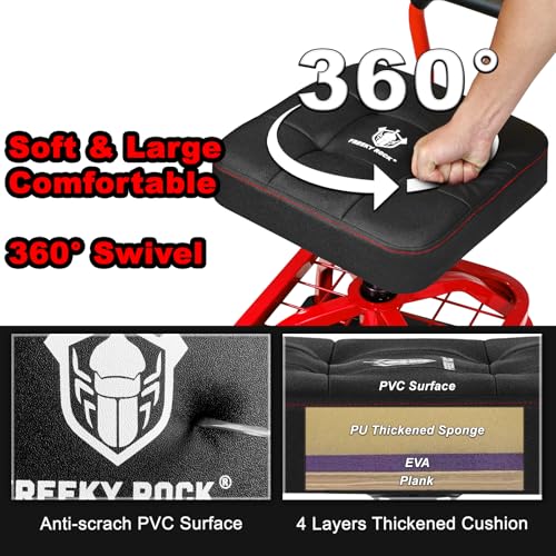 FREEKYROCK Rolling Shop Stool with Wheels, Garage Mechanic Shop Chair with Handle Backrest, Adjustable Height Work Stool, Roller Seat with Tool Tray Storage, Heavy Duty, 330 LBS Capacity, Red