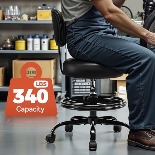 BestGlory Shop Stool with Wheels for Garage, Mechanics Rolling Chair with Backrest, Adjustable Height Heavy Duty Garage Stool with Footrest and Storage Tray, Swivel Task Chair for Workshop Salon