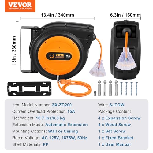 VEVOR Retractable Extension Cord Reel, 65 FT, Heavy Duty 12AWG/3C SJTOW Power Cord, with Lighted Triple Tap Outlet, 15 Amp Circuit Breaker, 180° Swivel Bracket for Ceiling or Wall Mount