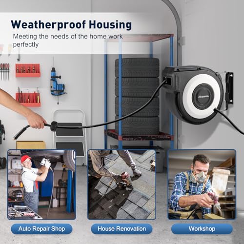 HOZEREEL Enclosed Retractable Air Hose Reel, 3/8 Inch x 45+5 Ft Black