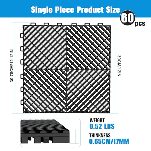 Jocoevol 60-Pcs Interlocking Tile, 12" x 12" Indoor/Outdoor Self-Drainage Interlocking Floor Tiles, Non-Slip Heavy-Duty Polypropylene Splicing Flooring Tile for Garage Patio Pool Bathroom, Black