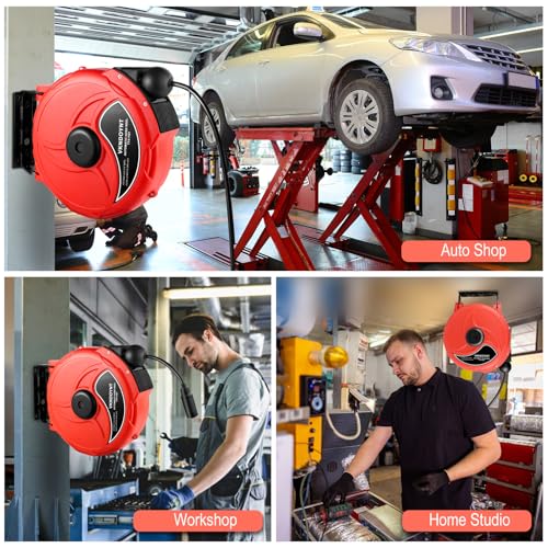 Retractable Air Hose Reel, 1/4 in x 50 FT Hybrid Polymer Hose, Air Compressor Hose Reel with 5 ft Lead in, Ceiling/Wall Mount Enclosed Air Reel, 180° Swivel Mount, Red/Black
