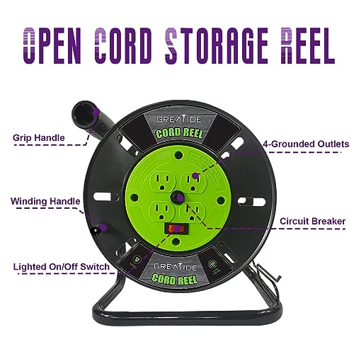 GREATIDE Heavy Duty Extension Cord Storage Reel with 4Grounded Outlets, 10A Circuit Breaker, Retractable Hand Wind, Portable Empty Hand Crank Open Cord Reel for 12/3 14/3 16/3 Gauge Power Cord, Green