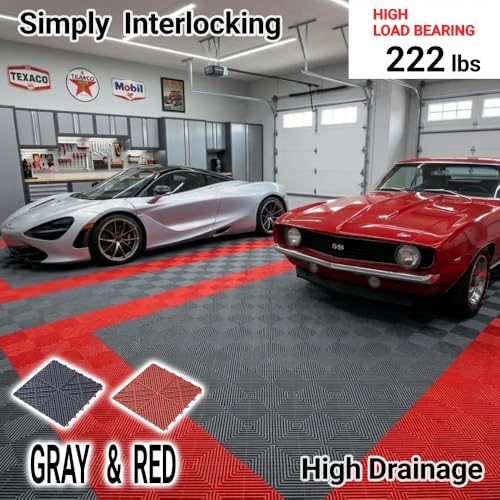 Japard Garage Floor Tiles, 20 Pack Interlocking Flooring Drainage 15.7 x 15.7 inch Covering 34 Sq Ft, Hard Plastic Easy to Install, Outdoor Indoor Basement Parking (Gray)