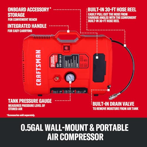 CRAFTSMAN Tire Inflator, All in One Wall Mount Air Compressor Oil-Free with Retractable 30ft Air Hose and Pressure Regulator, Great for Tire Inflation, Brad/Stapler, Finishing Jobs,1.5HP 125PSI