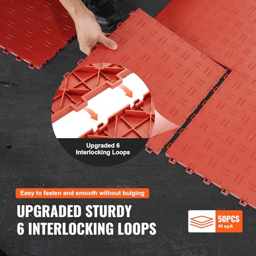 VEVOR Garage Floor Tiles 12 x 12 x 0.53 inch, Interlocking Design Ease of Installation Double-Sided Texture Non-Slip Sturdiness, for Garages, Basements, Repair Shops, Red, 50 Pack
