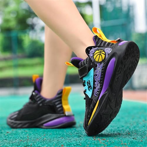 BTKSDAS Boys Shoes Non Slip Breathable Comfortable Safety Kids Shoes Workout Gym Tennis Running Basketball Sneakers for Boys Girls Black/Purple Size 1.5 Little Kid,(1 Pair)